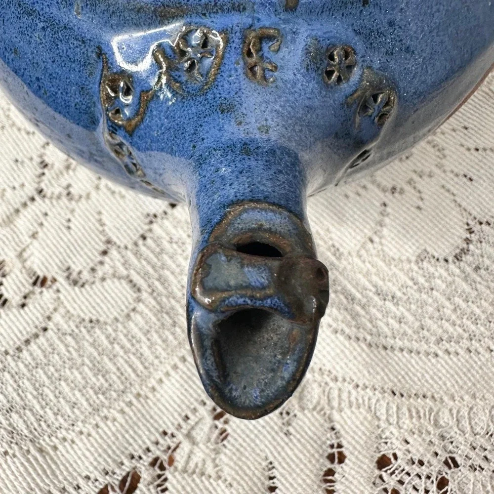 Handmade Ceramic Teapot Signed Studio Pottery‎ Mystery Signature Cobalt Blue
